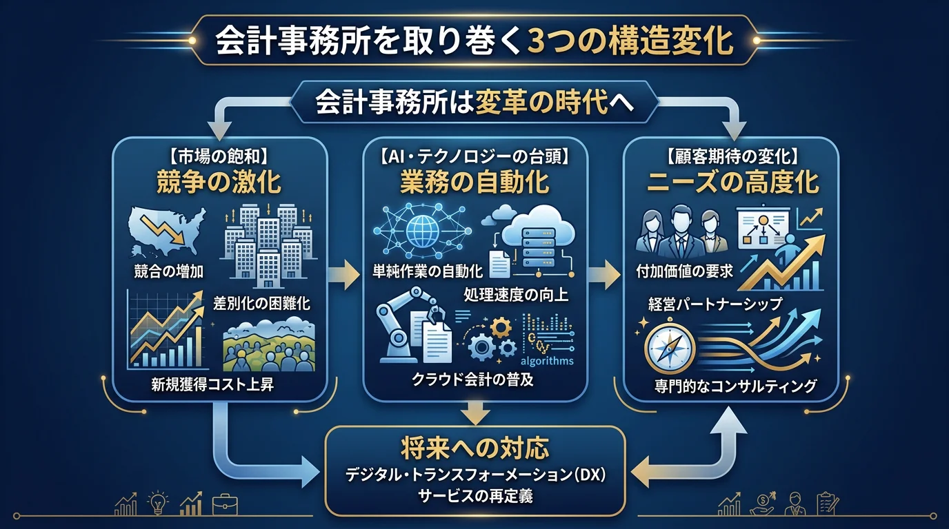 会計事務所を取り巻く3つの構造変化(市場飽和・AI台頭・顧客期待の変化)を示す図解