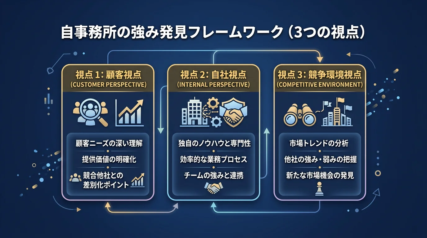 自事務所の強み発見フレームワーク(3つの視点)を示す図解