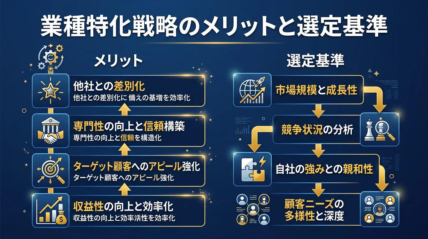 業種特化戦略のメリットと選定基準を示す図解