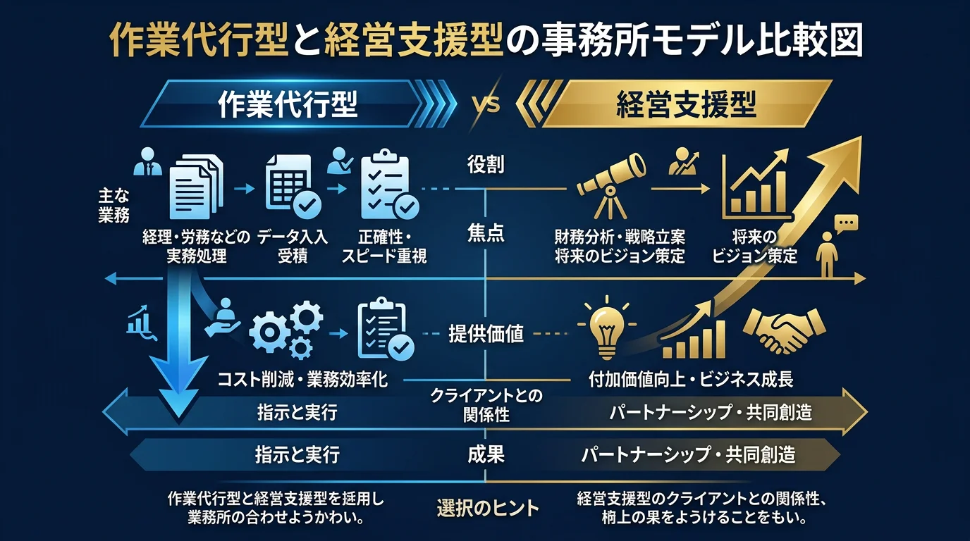作業代行型と経営支援型の事務所モデル比較図