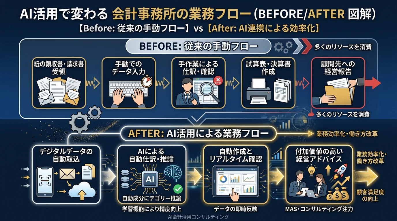 AI活用で変わる会計事務所の業務フロー(Before/After)図解