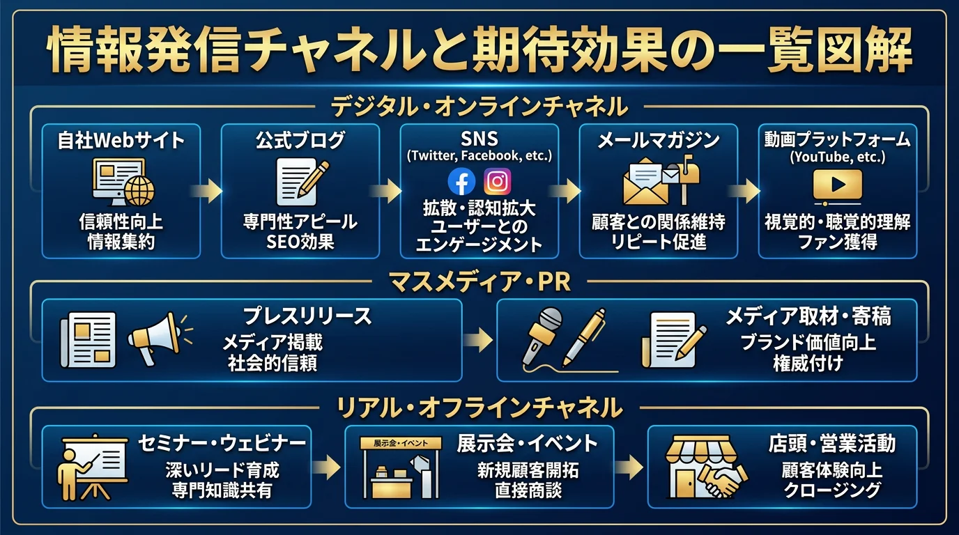 情報発信チャネルと期待効果の一覧図解