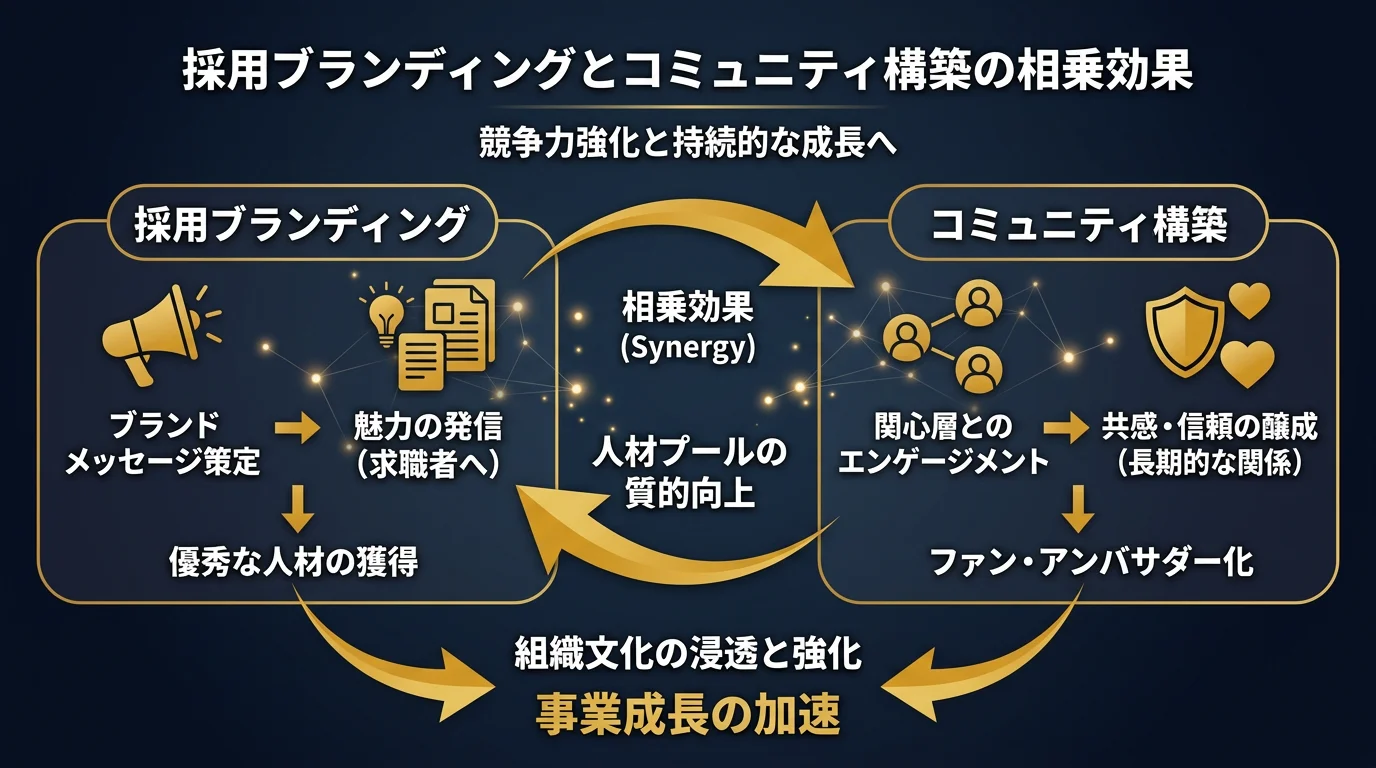 採用ブランディングとコミュニティ構築の相乗効果を示す図解