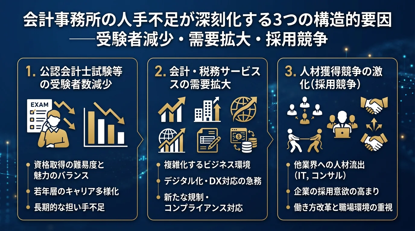 会計事務所の人手不足が深刻化する3つの構造的要因──受験者減少・需要拡大・採用競争
