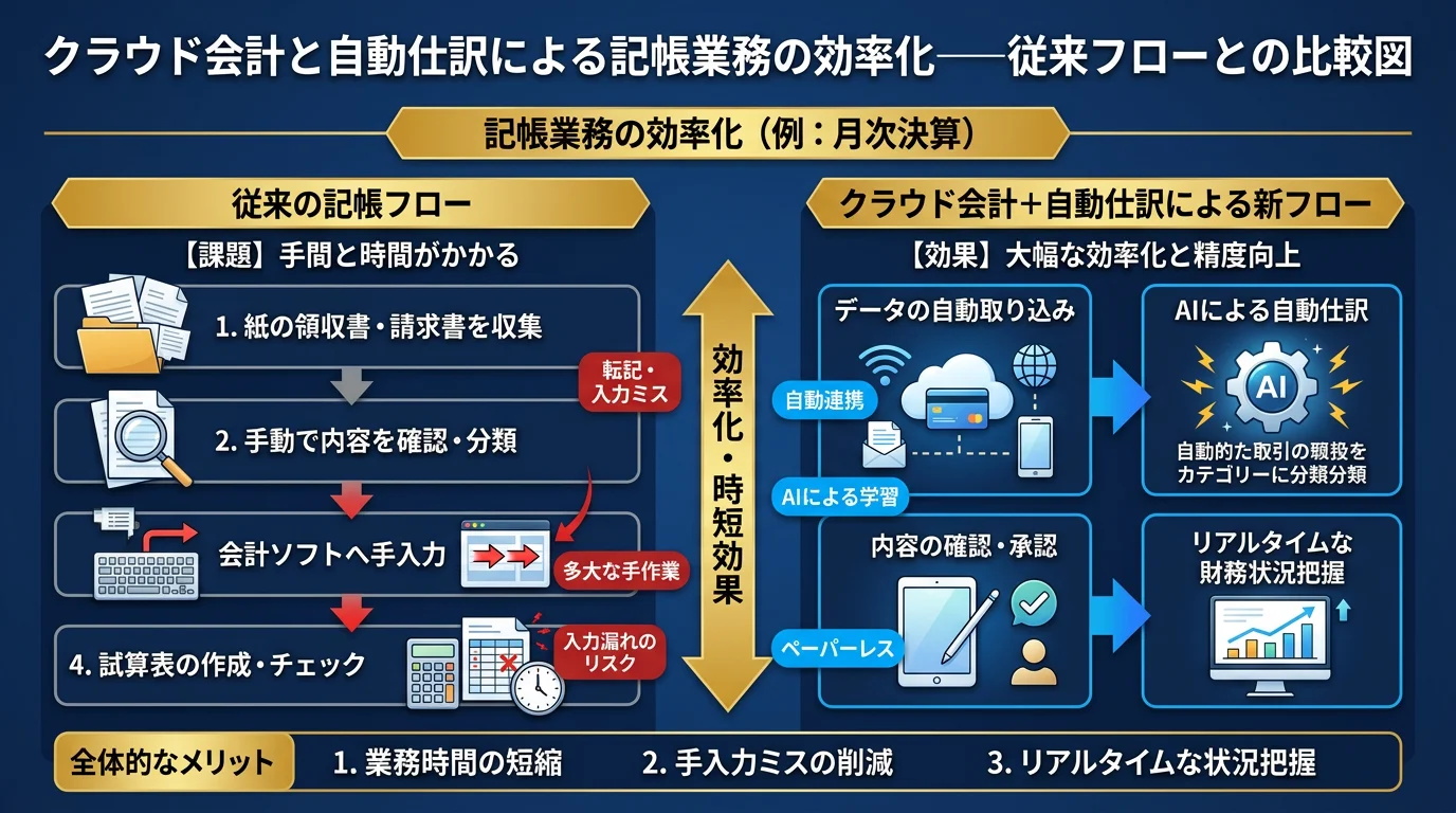 クラウド会計と自動仕訳による記帳業務の効率化──従来フローとの比較図