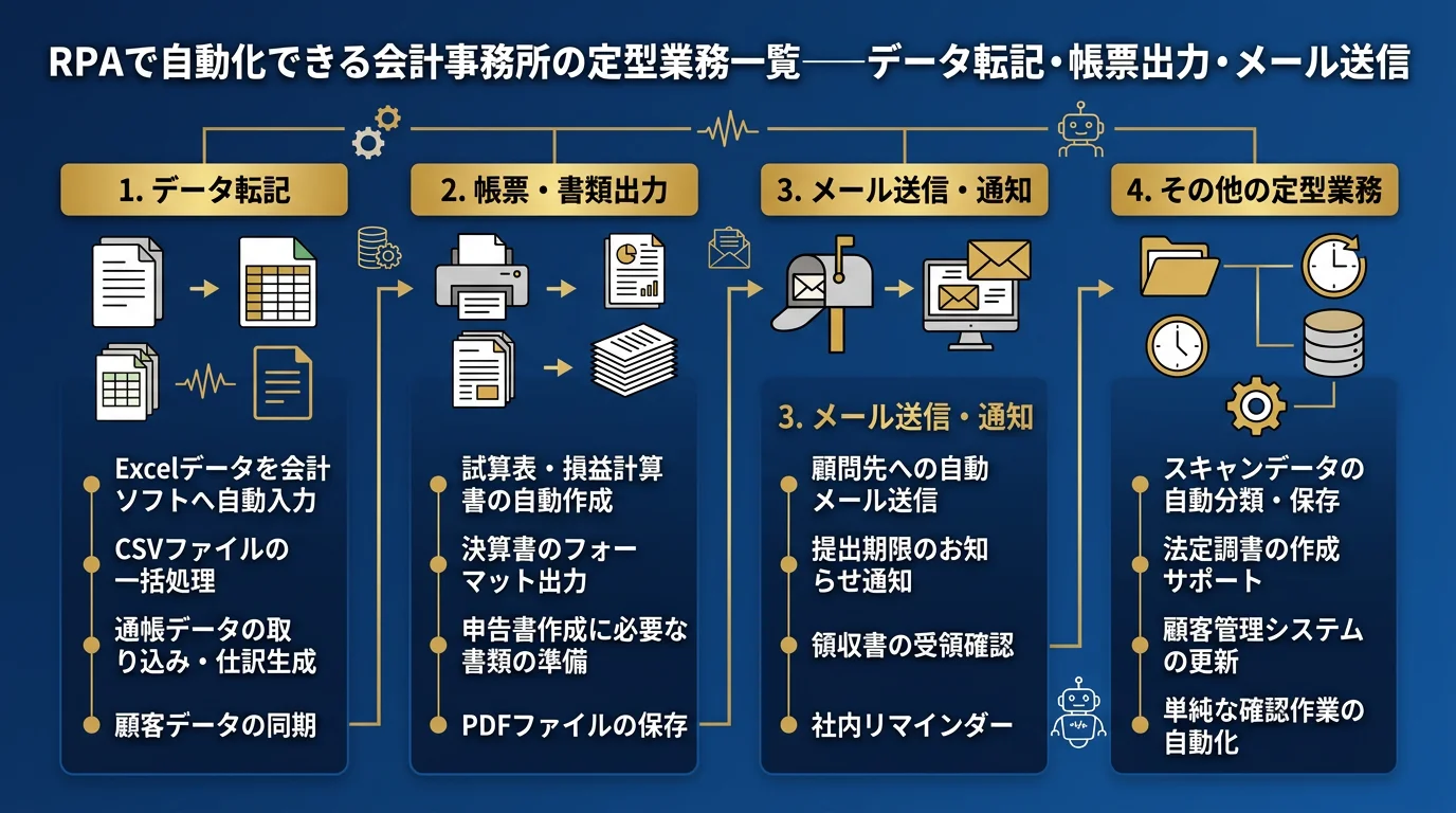 RPAで自動化できる会計事務所の定型業務一覧──データ転記・帳票出力・メール送信