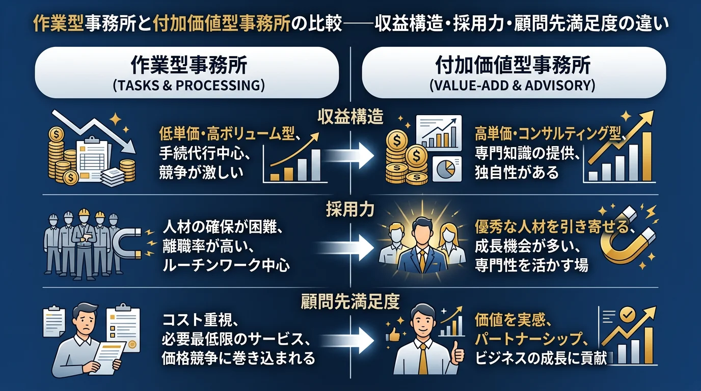 作業型事務所と付加価値型事務所の比較──収益構造・採用力・顧問先満足度の違い