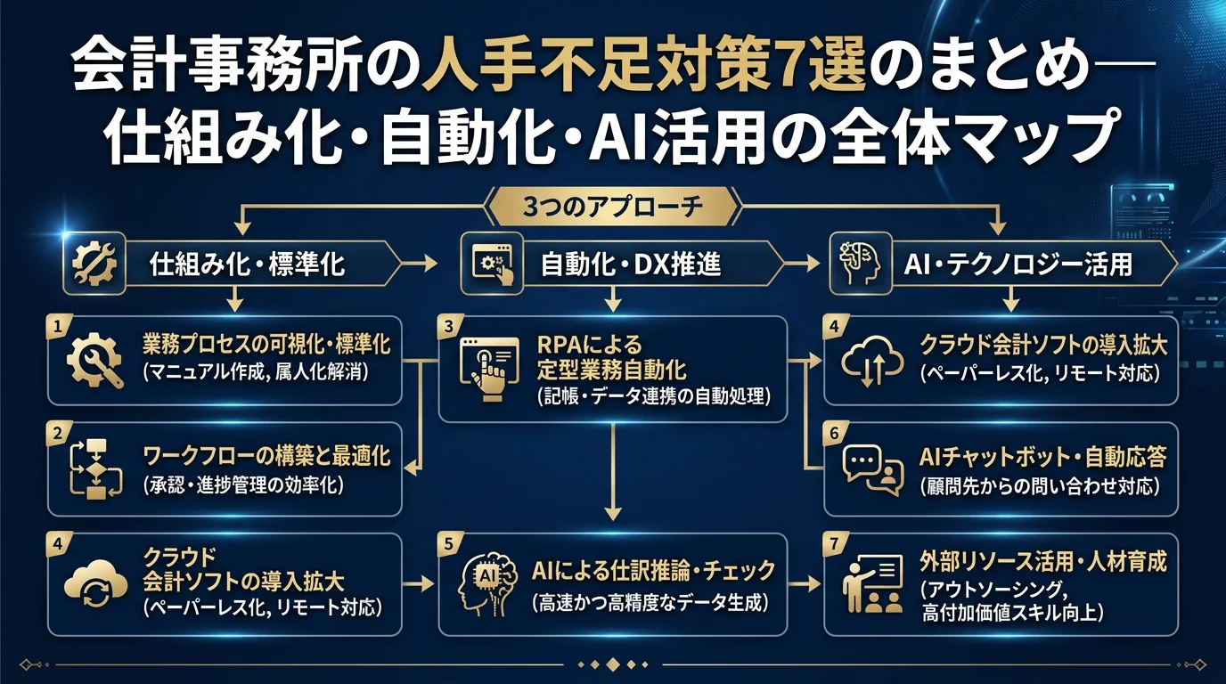 会計事務所の人手不足対策7選のまとめ──仕組み化・自動化・AI活用の全体マップ