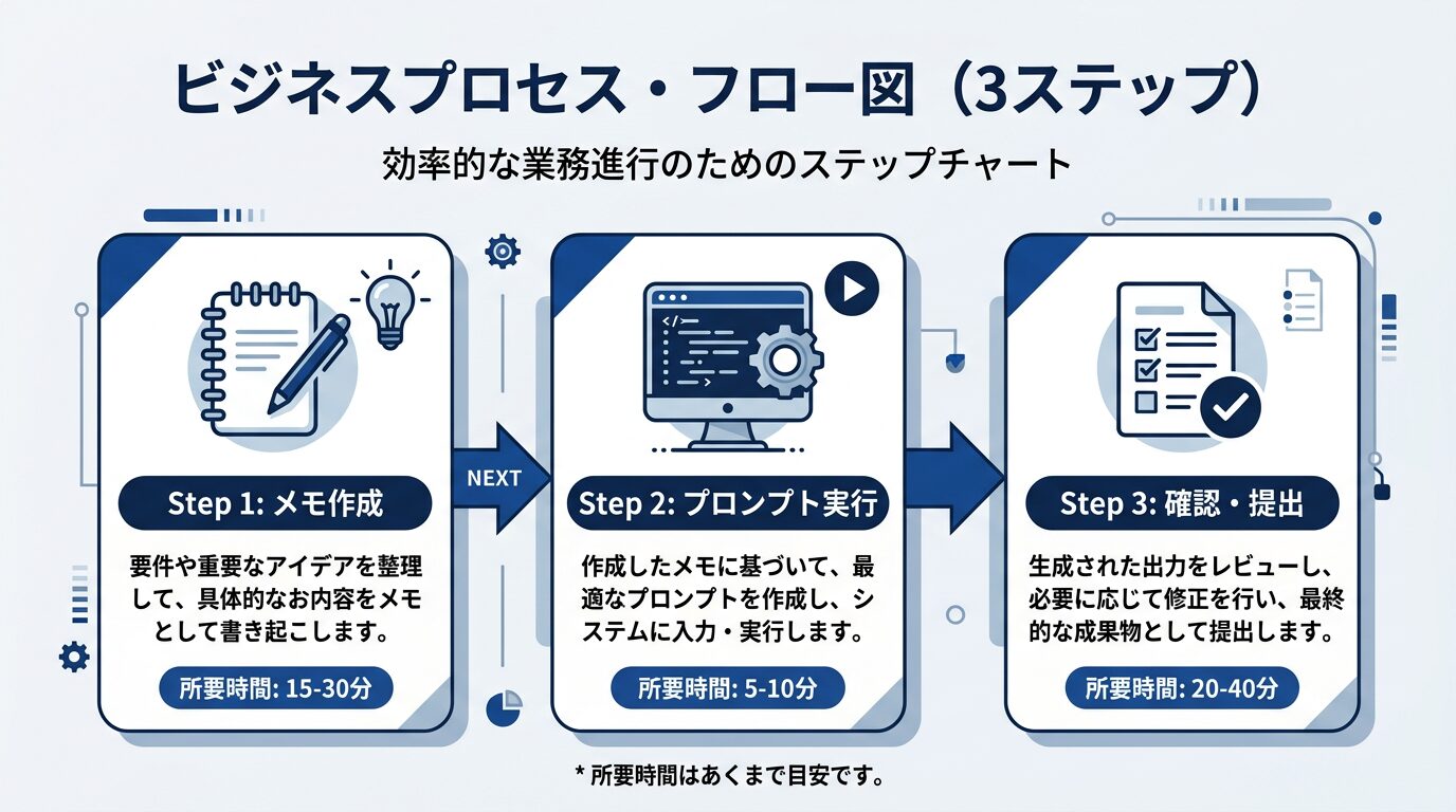 3ステップのフロー図。Step1メモ作成→Step2プロンプト実行→Step3確認・提出の流れをステップチャートで表現。各ステップの所要時間も記載