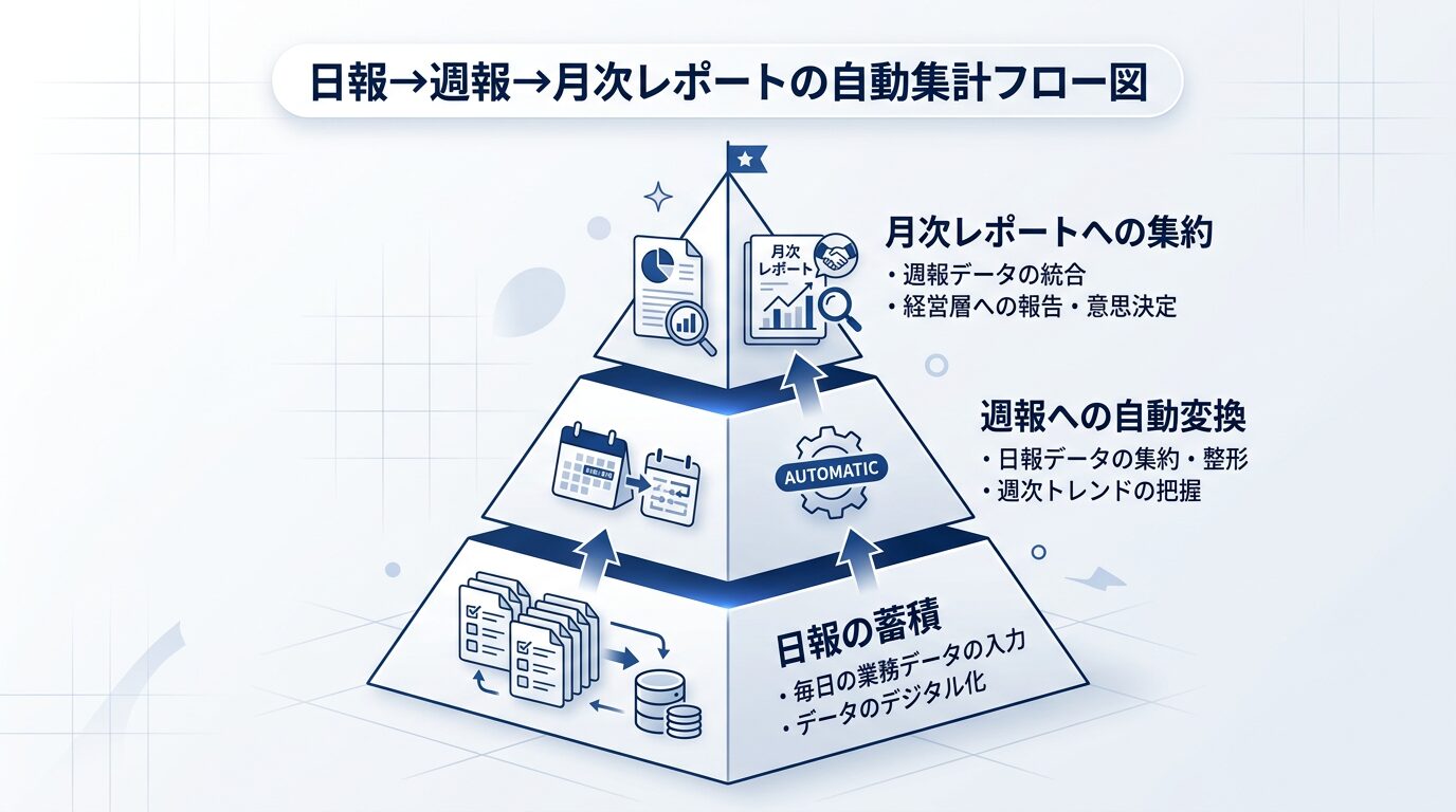 日報→週報→月次レポートの自動集計フロー図。日報の蓄積→週報への自動変換→月次レポートへの集約を3段階のピラミッド型で表現