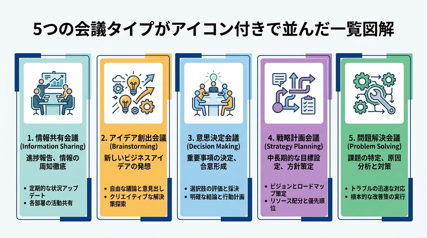 5つの会議タイプがアイコン付きで並んだ一覧図解