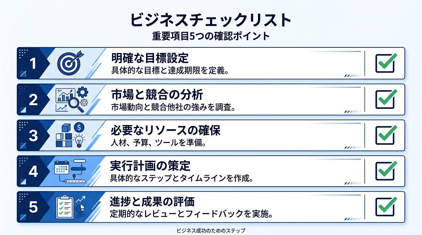 5つのチェック項目がチェックボックス付きで並んだリスト図解
