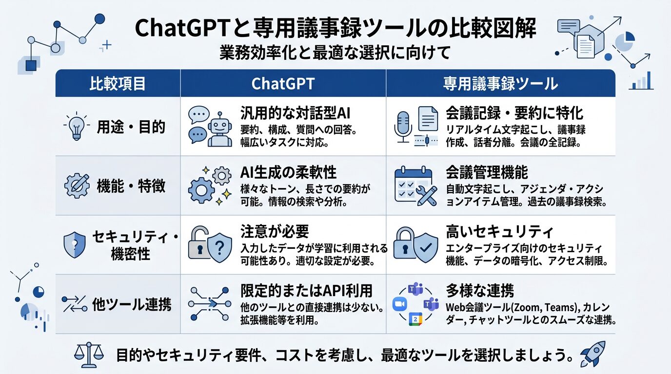 ChatGPTと専用議事録ツールの比較表図解