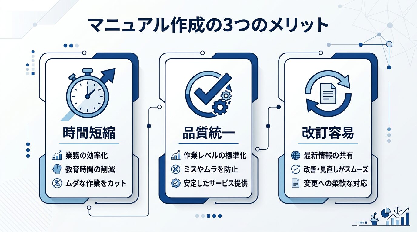 マニュアル作成の3つのメリットを横並びに配置したインフォグラフィック。時計アイコン(時間短縮)・チェックマークアイコン(品質統一)・更新アイコン(改訂容易)の3カラム構成