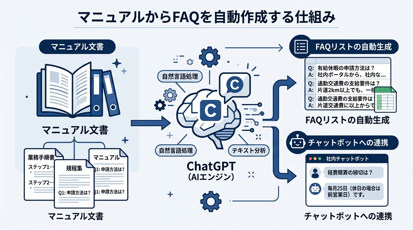 マニュアル文書からFAQリストが自動生成される様子を示した図解。左にマニュアルアイコン、中央にChatGPTアイコン、右にFAQリストとチャットボット画面を配置
