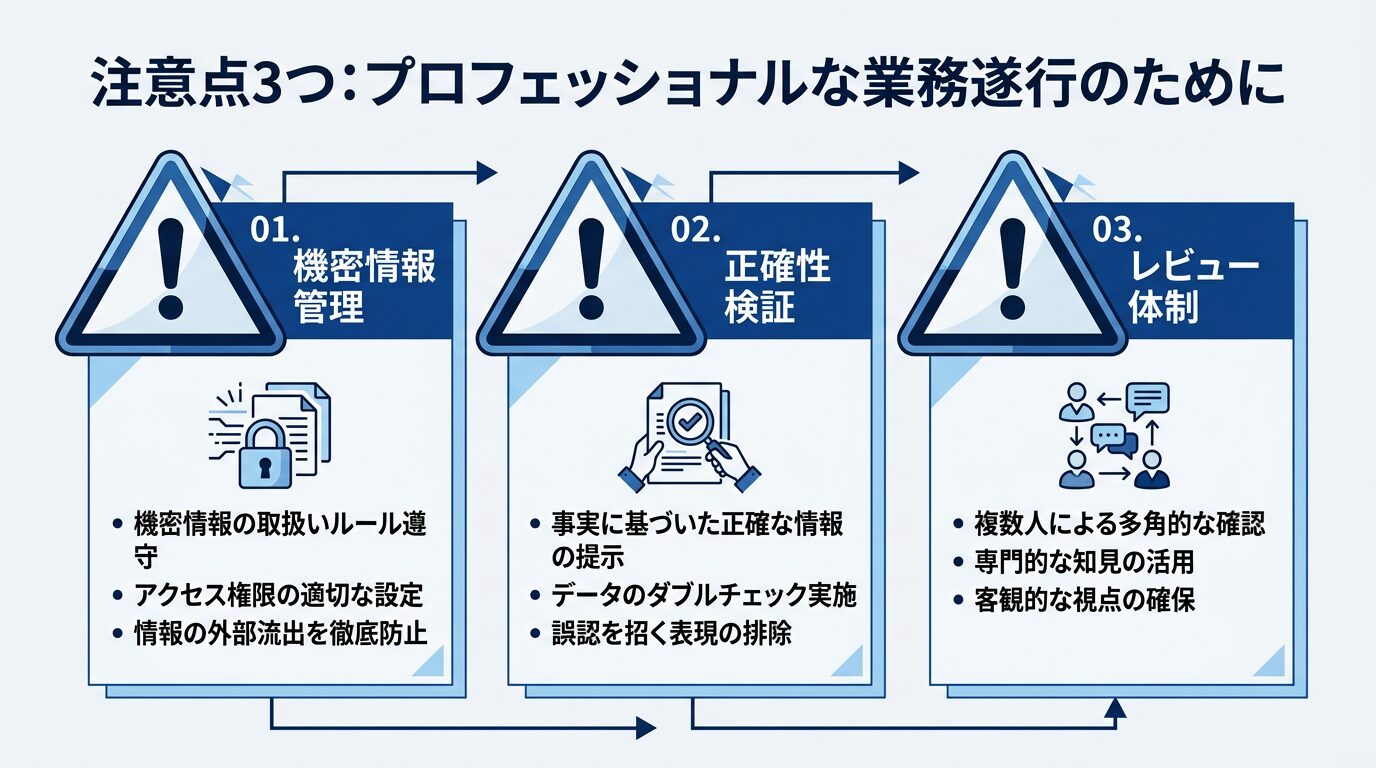 注意点3つ(機密情報管理・正確性検証・レビュー体制)を三角形の警告マークとともに並べた図解