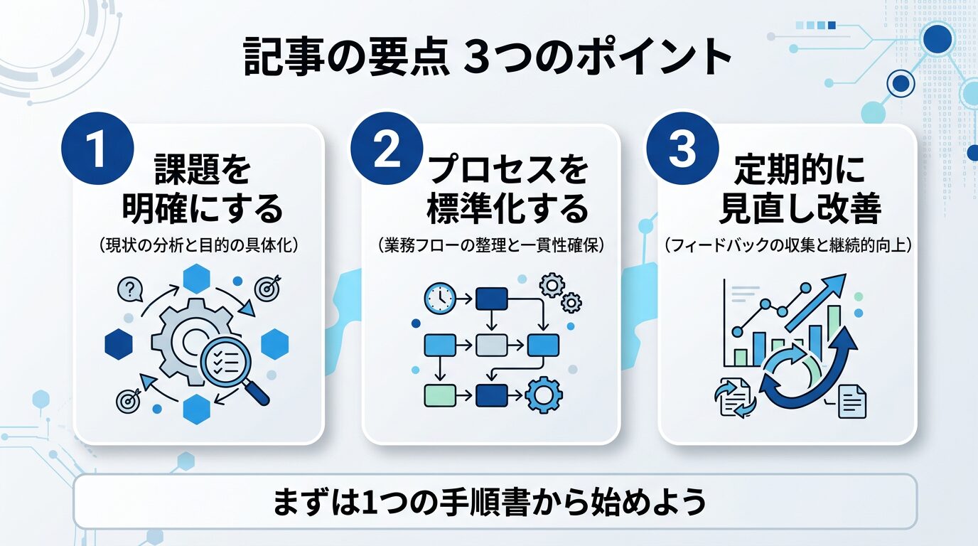 記事の要点3つをカード形式でまとめた図解。各カードに番号とキーフレーズを配置し、下部に「まずは1つの手順書から始めよう」のメッセージ
