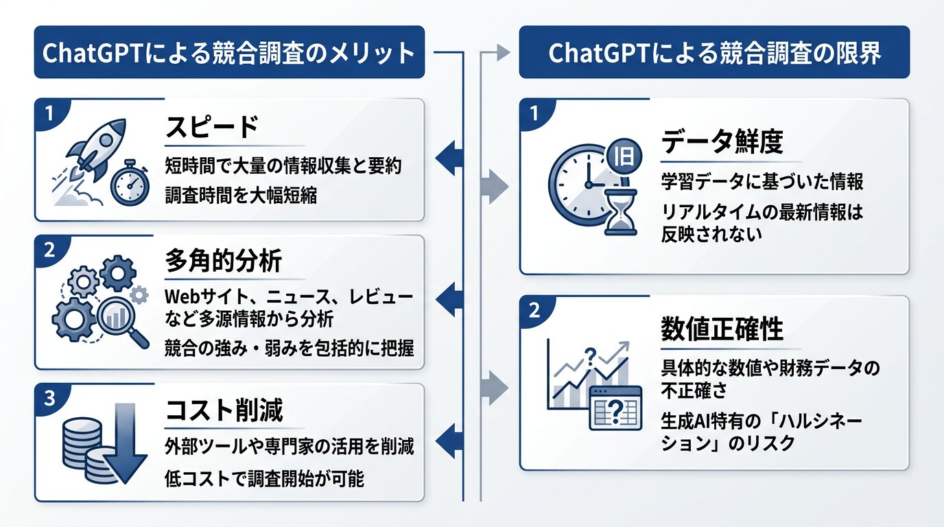 ChatGPTによる競合調査のメリット3つと限界2つを対比で示したインフォグラフィック。左側にメリット（スピード・多角的分析・コスト削減）、右側に限界（データ鮮度・数値正確性）を配置
