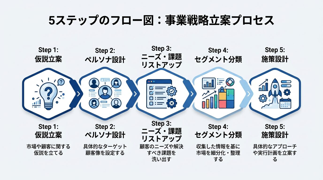 5ステップのフロー図。Step1仮説立案→Step2ペルソナ設計→Step3ニーズ・課題リストアップ→Step4セグメント分類→Step5施策設計の流れをステップチャートで表現