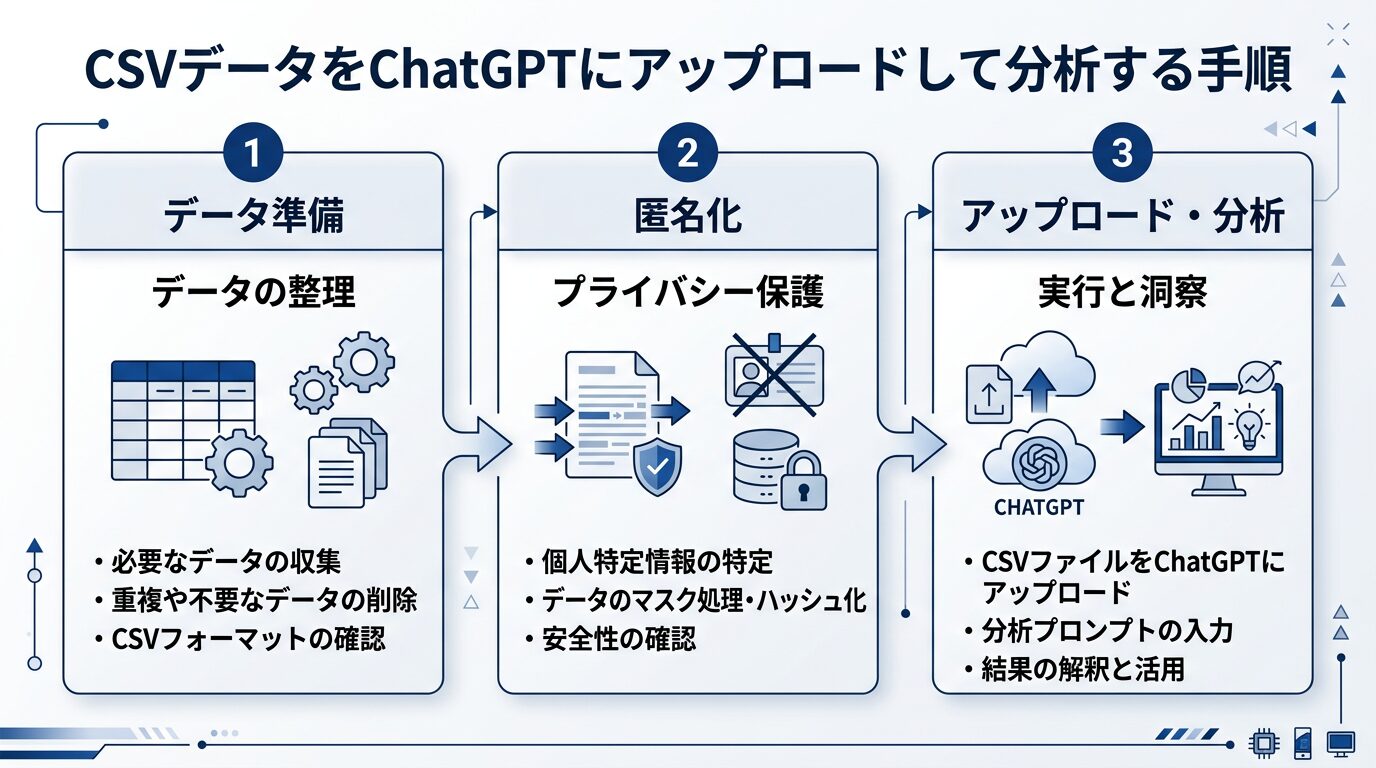 CSVデータをChatGPTにアップロードして分析する手順を3ステップで示すフロー図。データ準備→匿名化→アップロード・分析の流れをイラストで表現