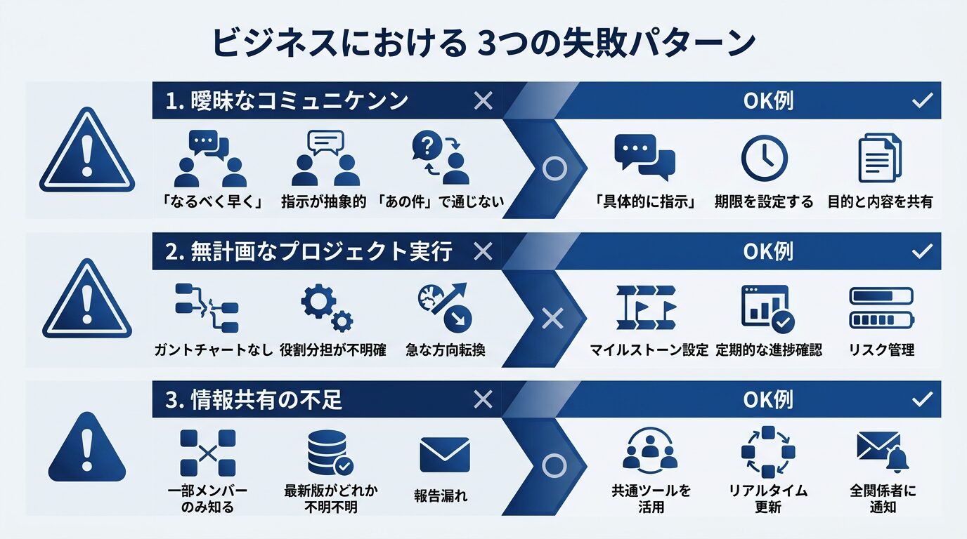 3つの失敗パターンを警告アイコン付きで縦に並べたインフォグラフィック。各失敗にNG例とOK例を対比で表示
