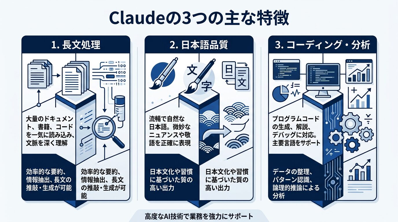 Claudeの3つの特徴を図解した画像。「長文処理」「日本語品質」「コーディング・分析」の3つを柱にしたインフォグラフィック。