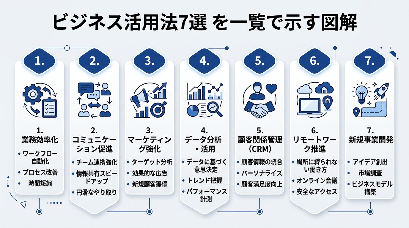 ビジネス活用法7選を一覧で示す図解。7つの活用法をアイコン付きで並べたインフォグラフィック。