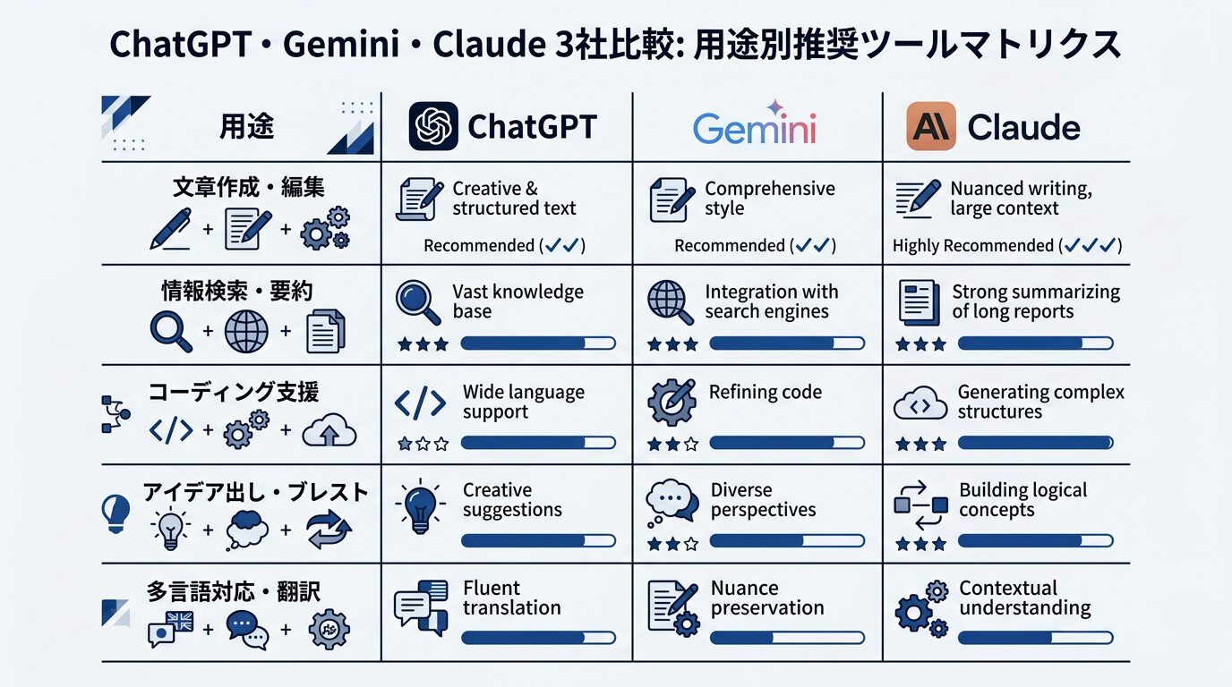 ChatGPT・Gemini・Claudeの3社比較を示す図解。用途別の推奨ツールをマトリクス形式で表示。