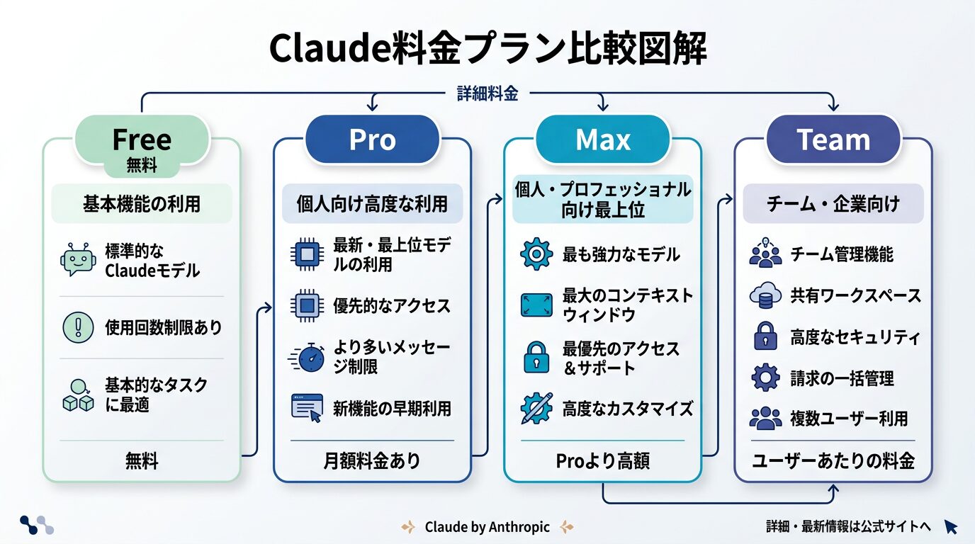 Claudeの料金プランを比較する図解。Free/Pro/Max/Teamの4プランを横並びで比較したインフォグラフィック。
