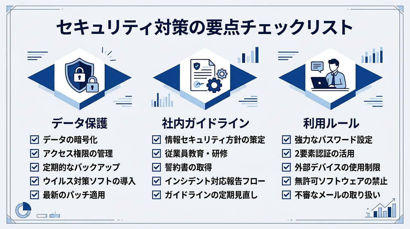 セキュリティ対策の要点をまとめた図解。「データ保護」「社内ガイドライン」「利用ルール」の3要素をチェックリスト形式で表示。