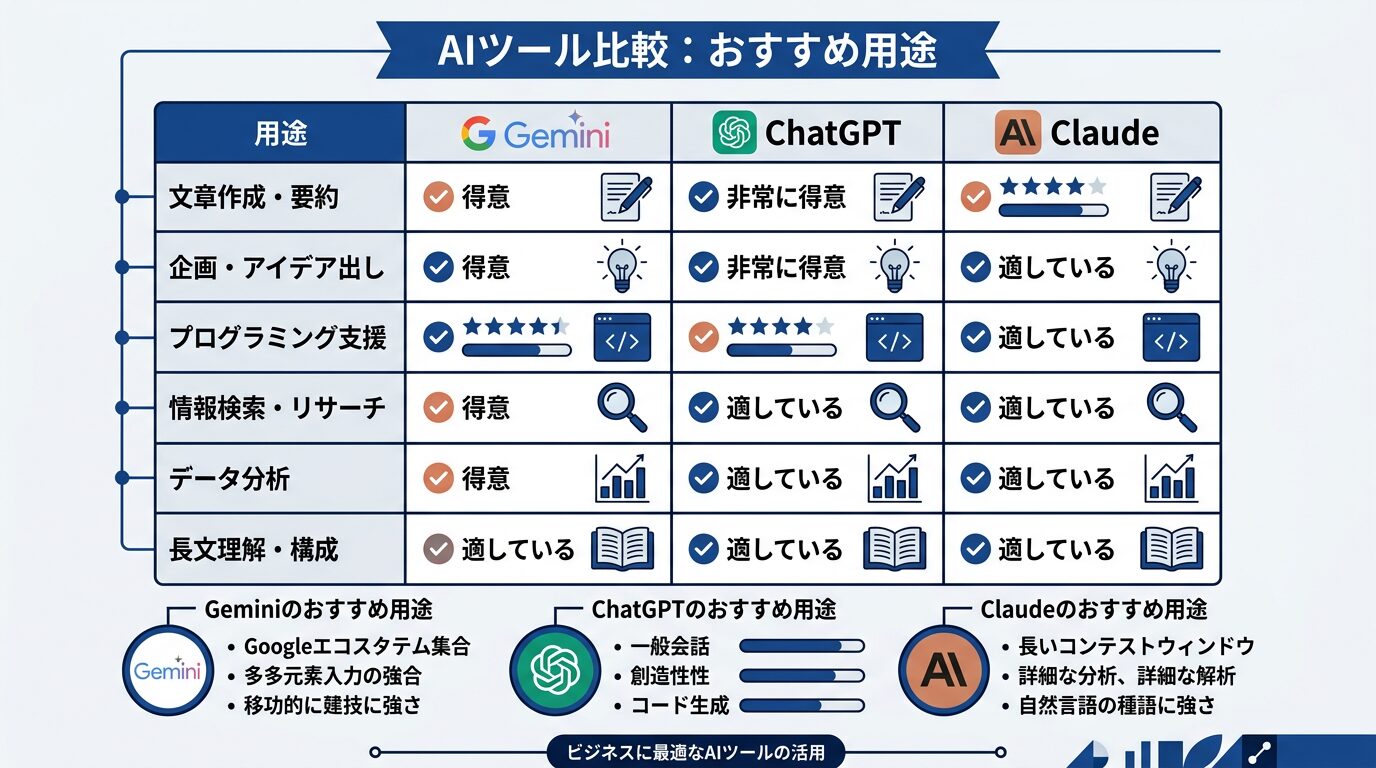 Gemini・ChatGPT・Claudeの3ツール比較を表す図解。用途別のマトリクス表。各ツールのロゴと「おすすめ用途」の対応関係を視覚化。
