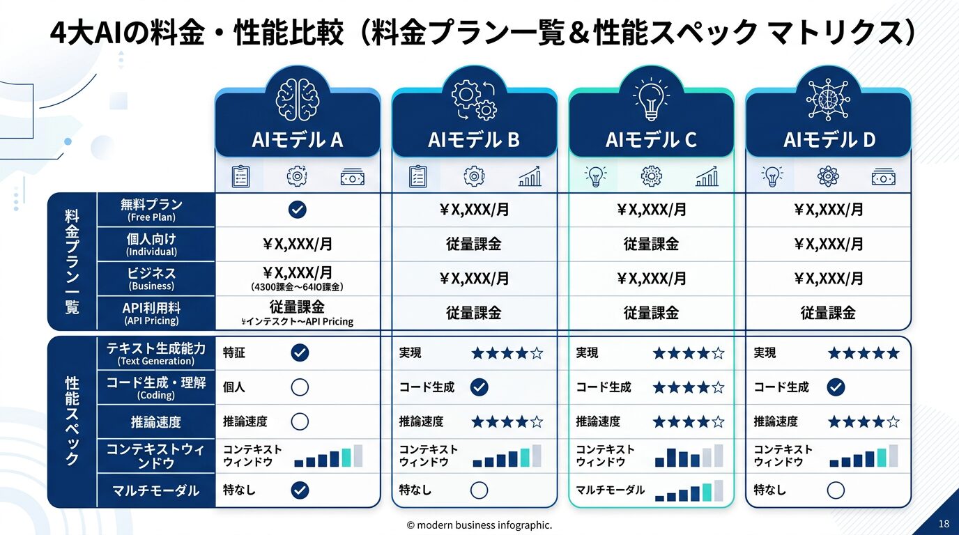 4大AIの料金・性能比較を示す図解。料金プラン一覧と性能スペックをマトリクス形式で視覚化。