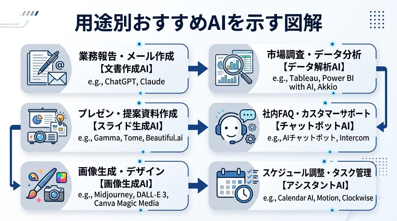 用途別おすすめAIを示す図解。6つの業務シーンと対応するAIツールをフローチャート形式で配置。