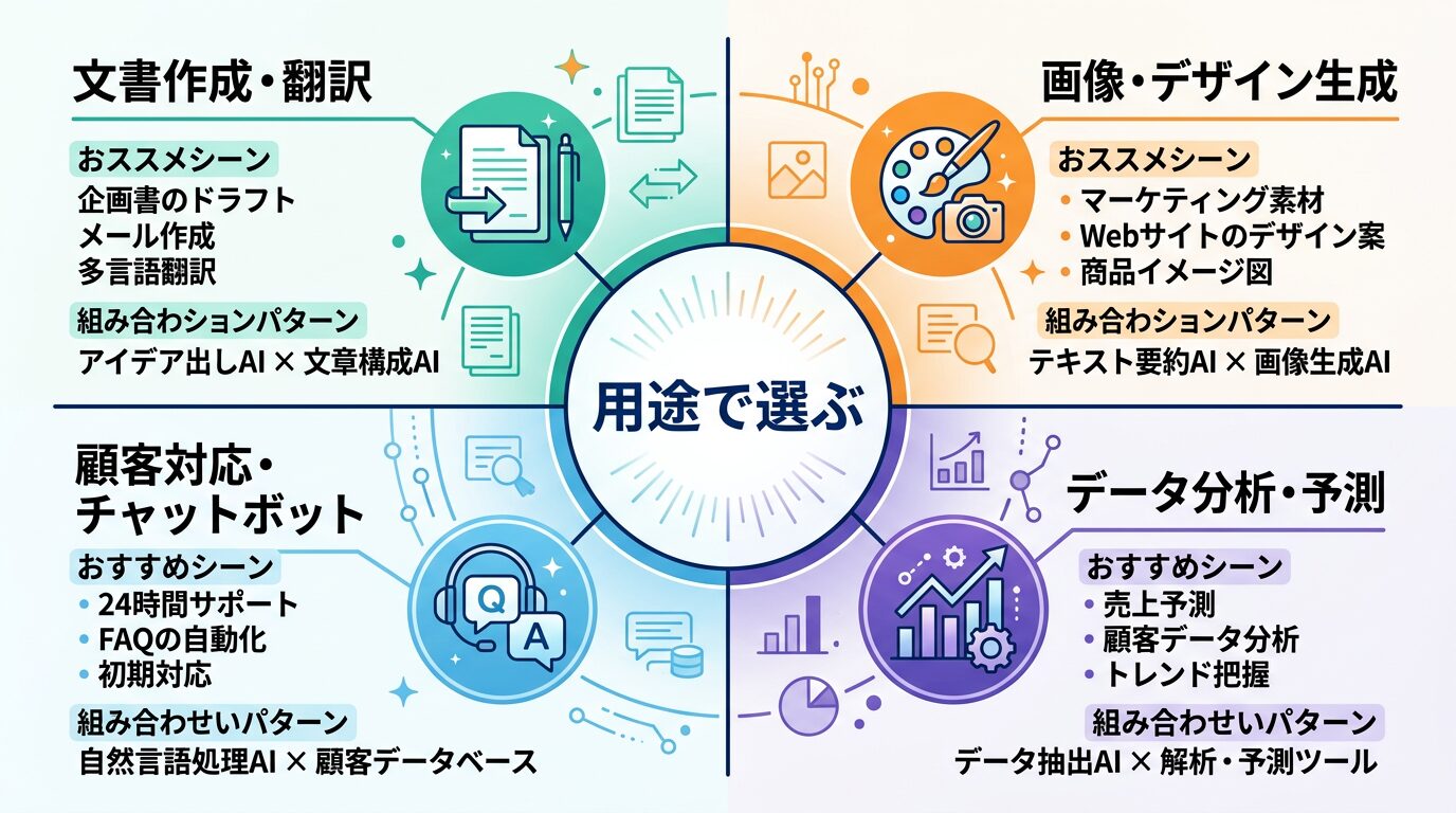 記事全体の要点をまとめた図解。「用途で選ぶ」を中心に、4つのAIの推奨シーンと組み合わせパターンを放射状に配置。