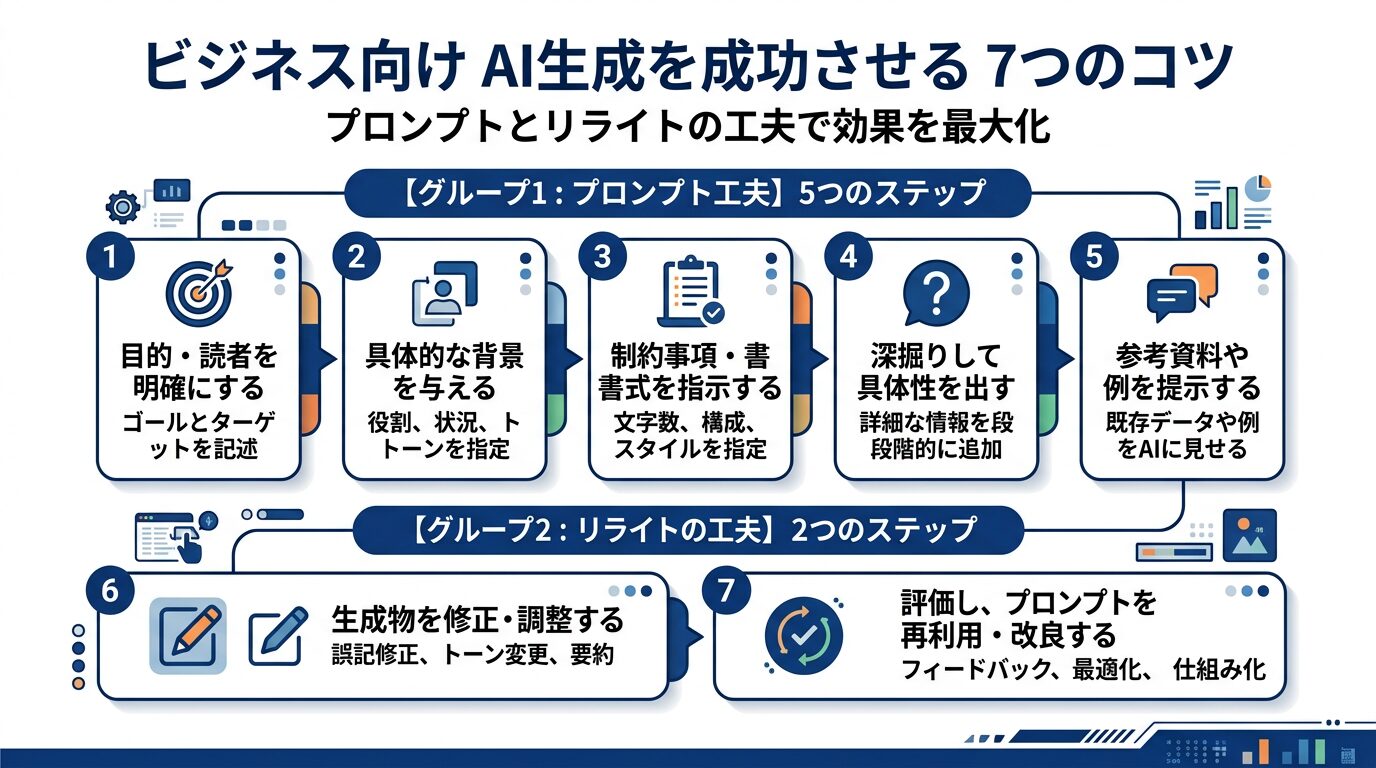 7つのコツを一覧にした図解。番号付きのステップ形式で、各コツをアイコン付きで表示。プロンプト工夫が5つ、リライトが2つのグループ分け。