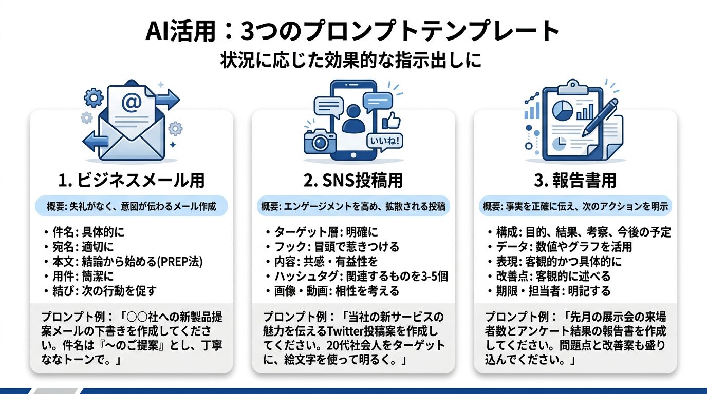 3つのプロンプトテンプレートを並べた図解。「ビジネスメール用」「SNS投稿用」「報告書用」の3カードをアイコン付きで表示。