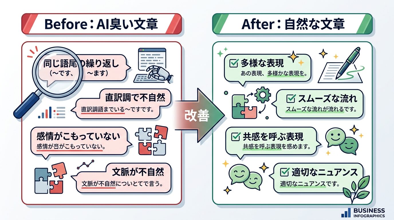 ビフォーアフターの比較を示す図解。左に「Before: AI臭い文章」、右に「After: 自然な文章」を赤と緑で色分けしたレイアウト。