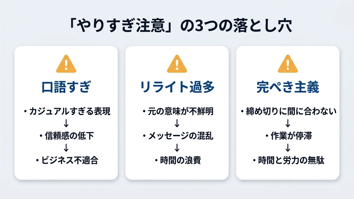 「やりすぎ注意」の3つの落とし穴を警告マーク付きで示す図解。「口語すぎ」「リライト過多」「完璧主義」の3項目。