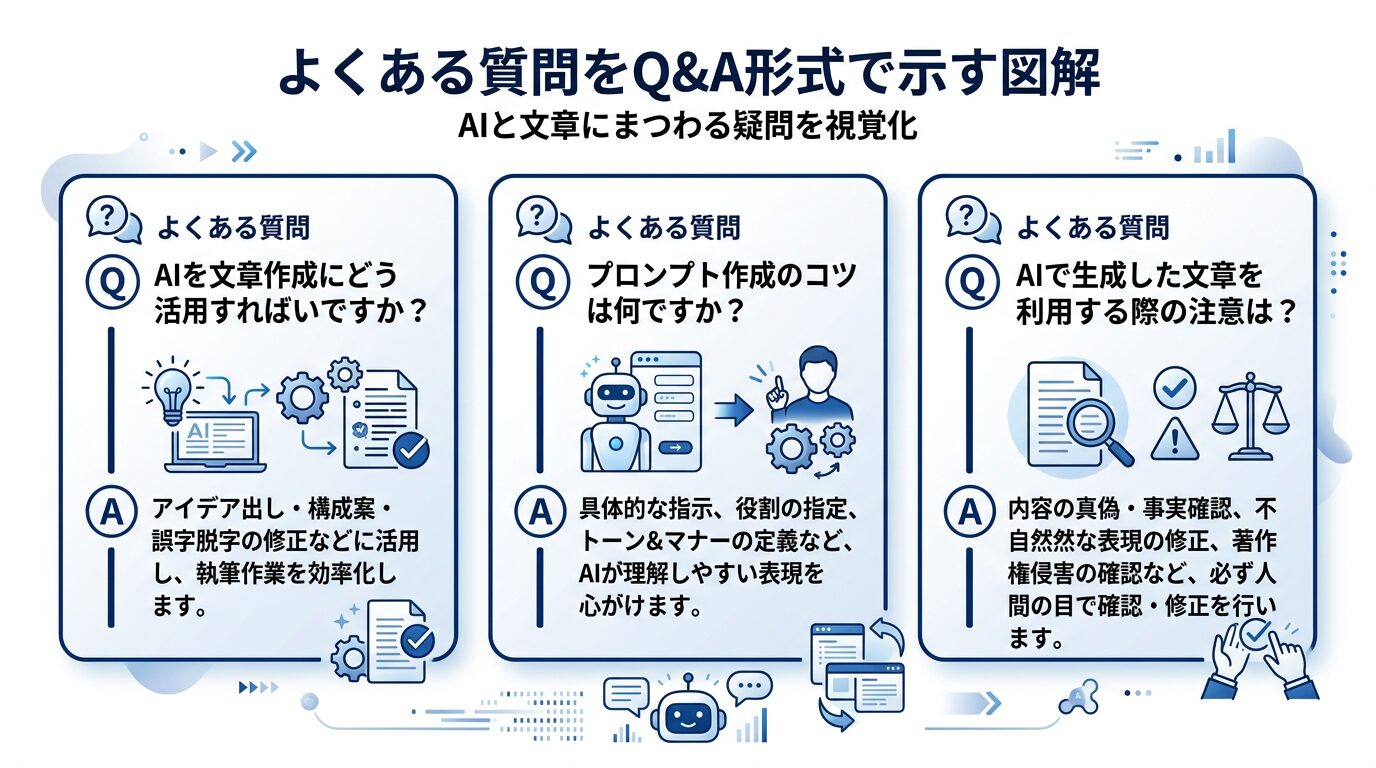 よくある質問をQ&A形式で示す図解。3つの質問をカード形式で並べ、AIと文章にまつわる疑問を視覚化。