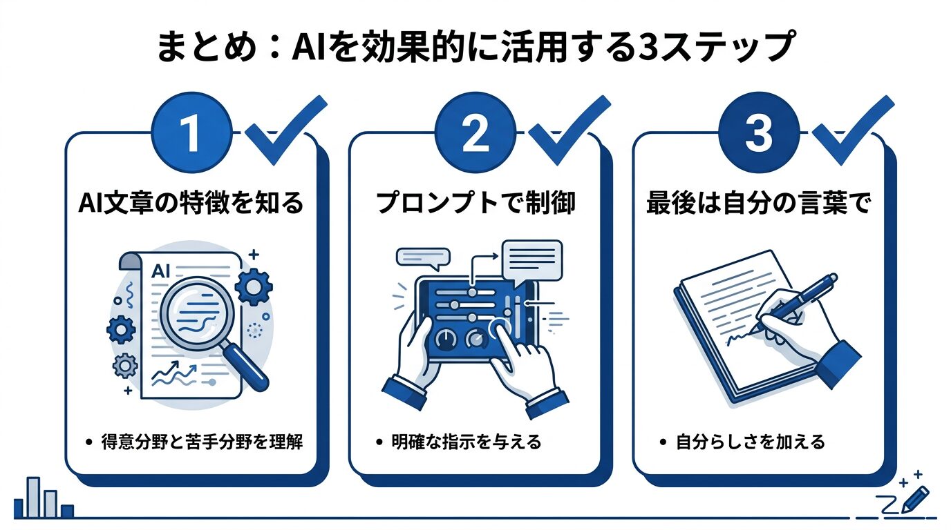 まとめの要点を3つにまとめた図解。チェックマーク付きで「AI文章の特徴を知る」「プロンプトで制御」「最後は自分の言葉で」の3ステップを表示。