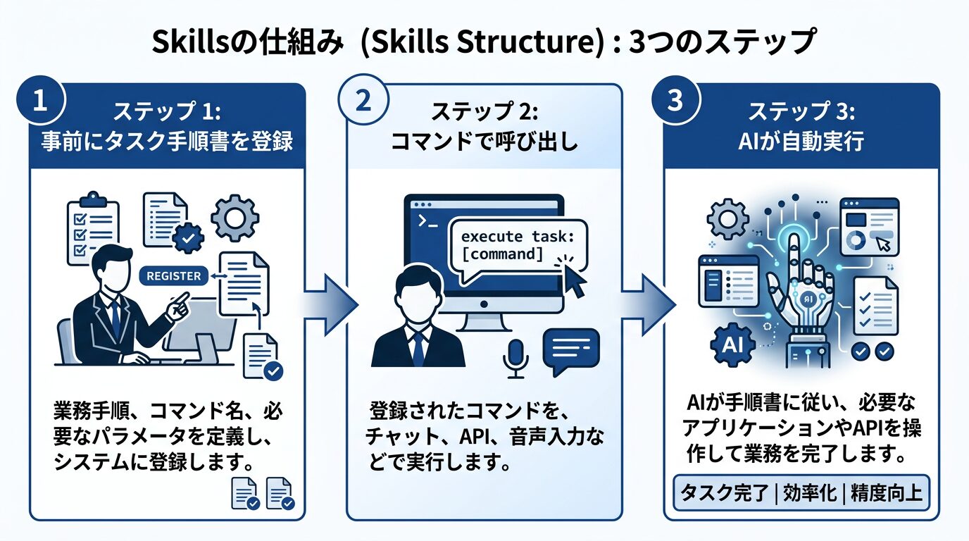 Skillsの仕組みを図解した画像。「事前にタスク手順書を登録→コマンドで呼び出し→AIが自動実行」の3ステップを示すインフォグラフィック。