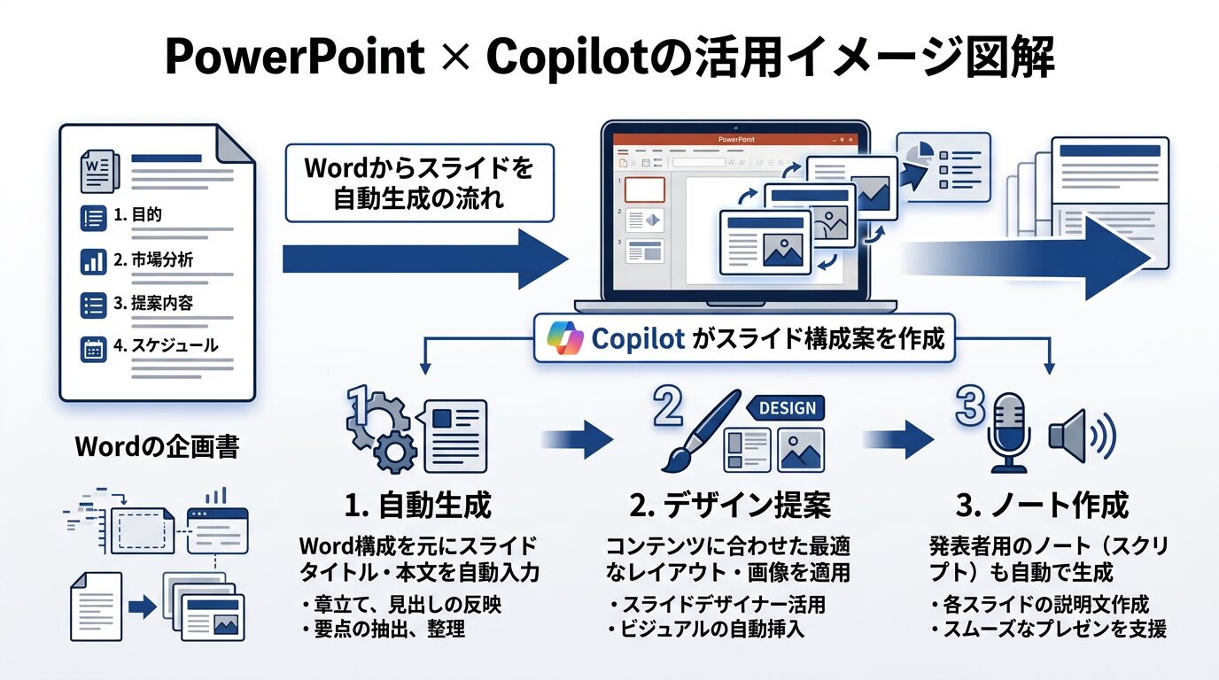 PowerPoint×Copilotの活用イメージ図解。Wordの企画書からスライドが自動生成される流れを矢印で表現。「自動生成」「デザイン提案」「ノート作成」の3ステップ。