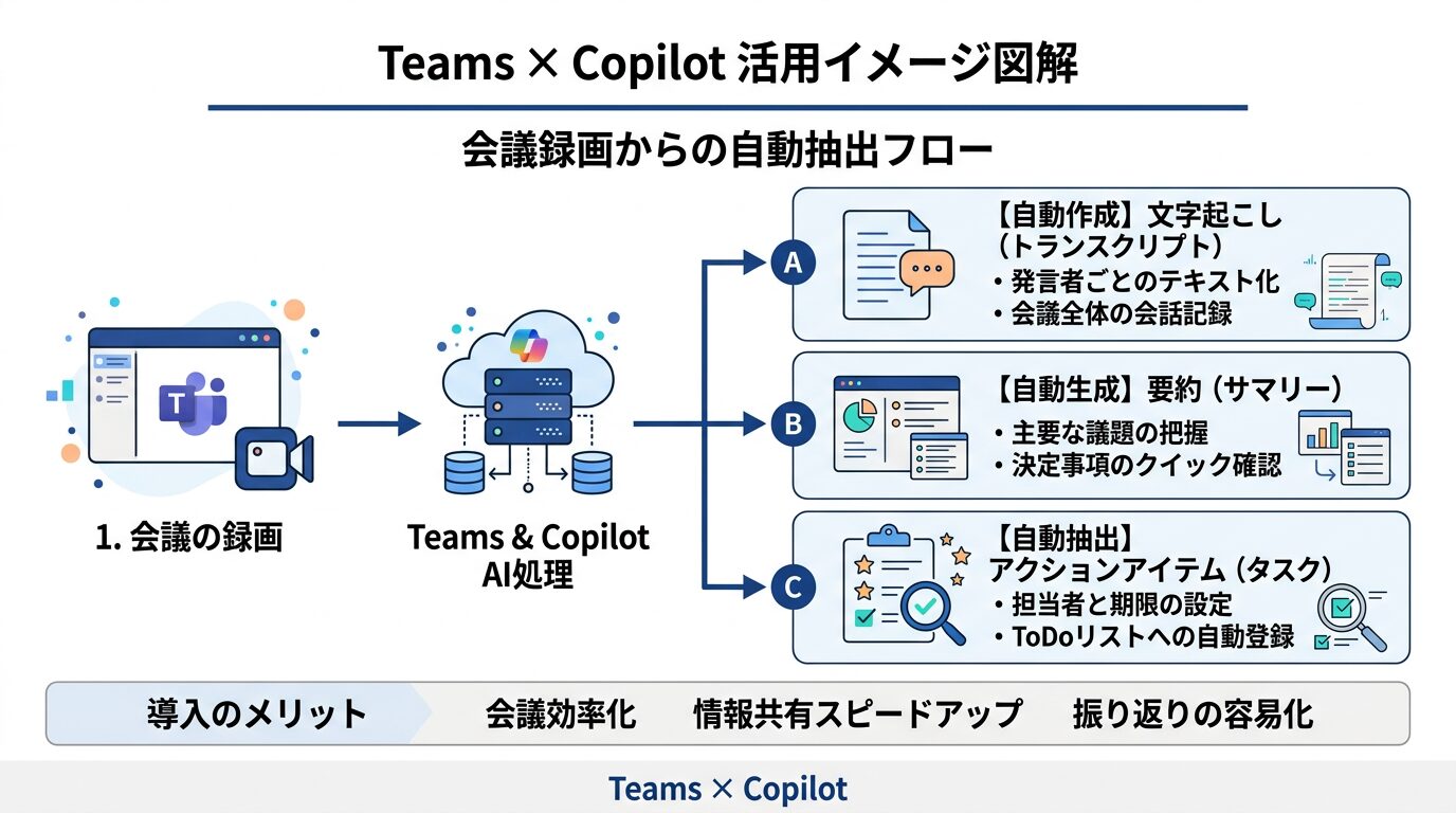 Teams×Copilotの活用イメージ図解。会議の録画から「文字起こし」「要約」「アクションアイテム」が自動抽出される流れ。