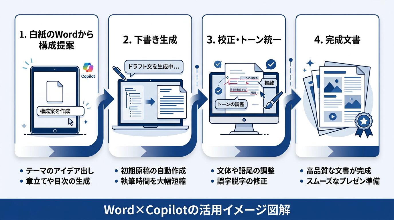 Word×Copilotの活用イメージ図解。白紙のWordから構成提案→下書き生成→校正・トーン統一→完成文書の4ステップを矢印で表現。