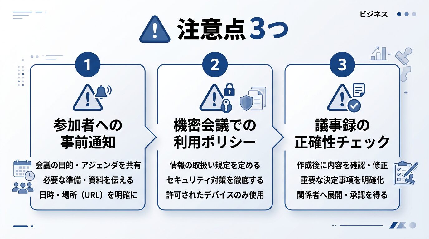 注意点3つを警告アイコン付きで一覧表示した図解。「参加者への事前通知」「機密会議での利用ポリシー」「議事録の正確性チェック」の3項目。