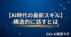 「構造的に話す × AI時代」をテーマにしたアイキャッチ画像。5つのフレームワーク（PREP法・ピラミッドストラクチャー・STAR法・ナンバリング・Before/After法）を図示。ネイビー基調。