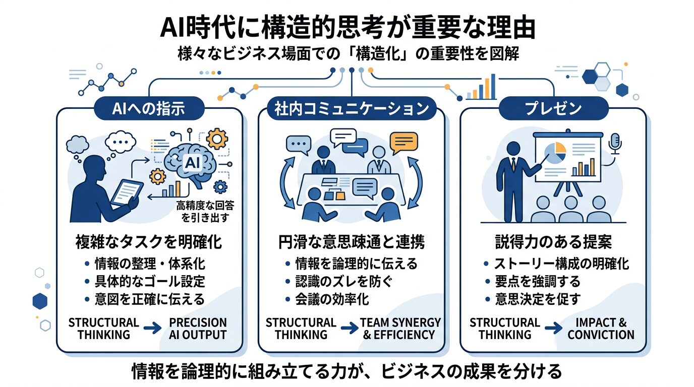 AI時代に構造的思考が重要な理由を示す図解。「AIへの指示」「社内コミュニケーション」「プレゼン」の3つの場面で構造化が必要なことを示すインフォグラフィック。