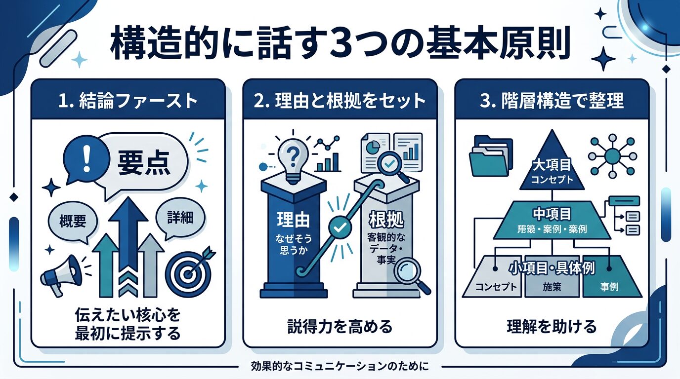 構造的に話す3つの基本原則を図解。「結論ファースト」「理由と根拠をセット」「階層構造で整理」の3つを柱にしたインフォグラフィック。