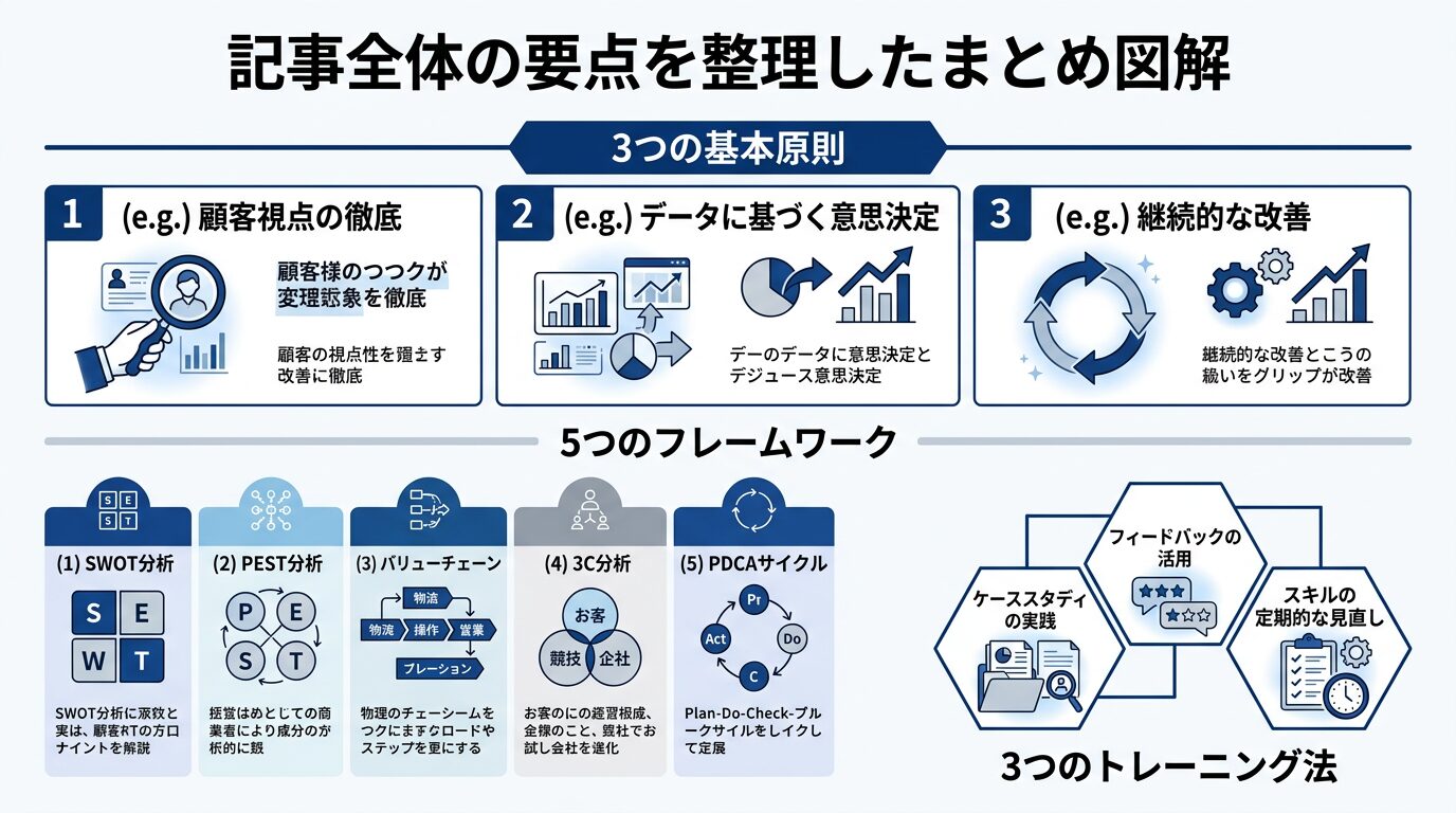 記事全体の要点を整理したまとめ図解。「3つの基本原則」「5つのフレームワーク」「3つのトレーニング法」を1枚に集約。