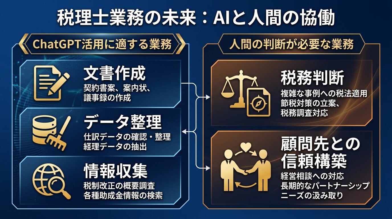 税理士業務の領域を「ChatGPT活用に適する業務」と「人間の判断が必要な業務」に二分した図解。適する側に文書作成・データ整理・情報収集、人間側に税務判断・顧問